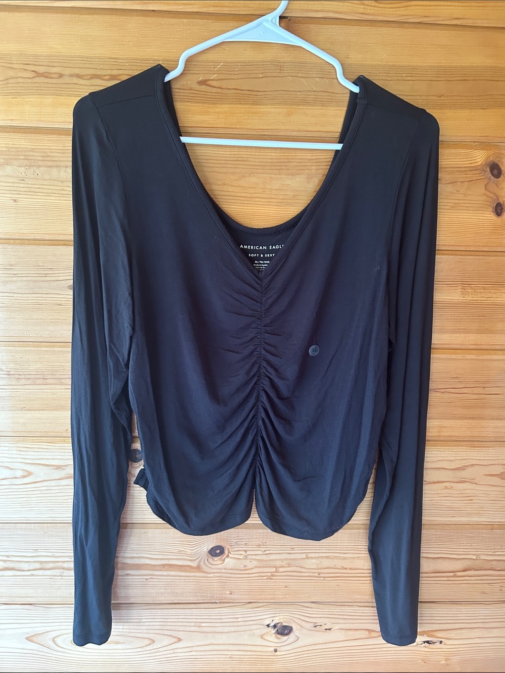 American Eagle Outfitters Black Long-Sleeve Ruched Scoop Neck Top